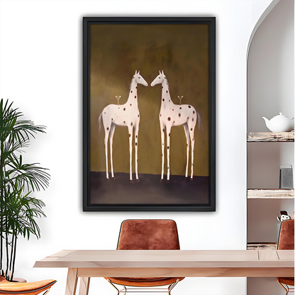 Whimsical giraffe pair canvas wall art displayed above a dining table in a bright room