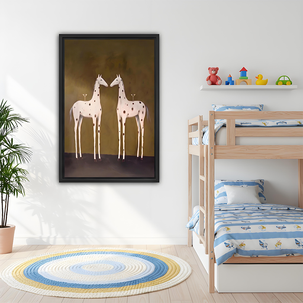 Framed giraffe pair canvas wall art hanging above a sofa in a bright living room