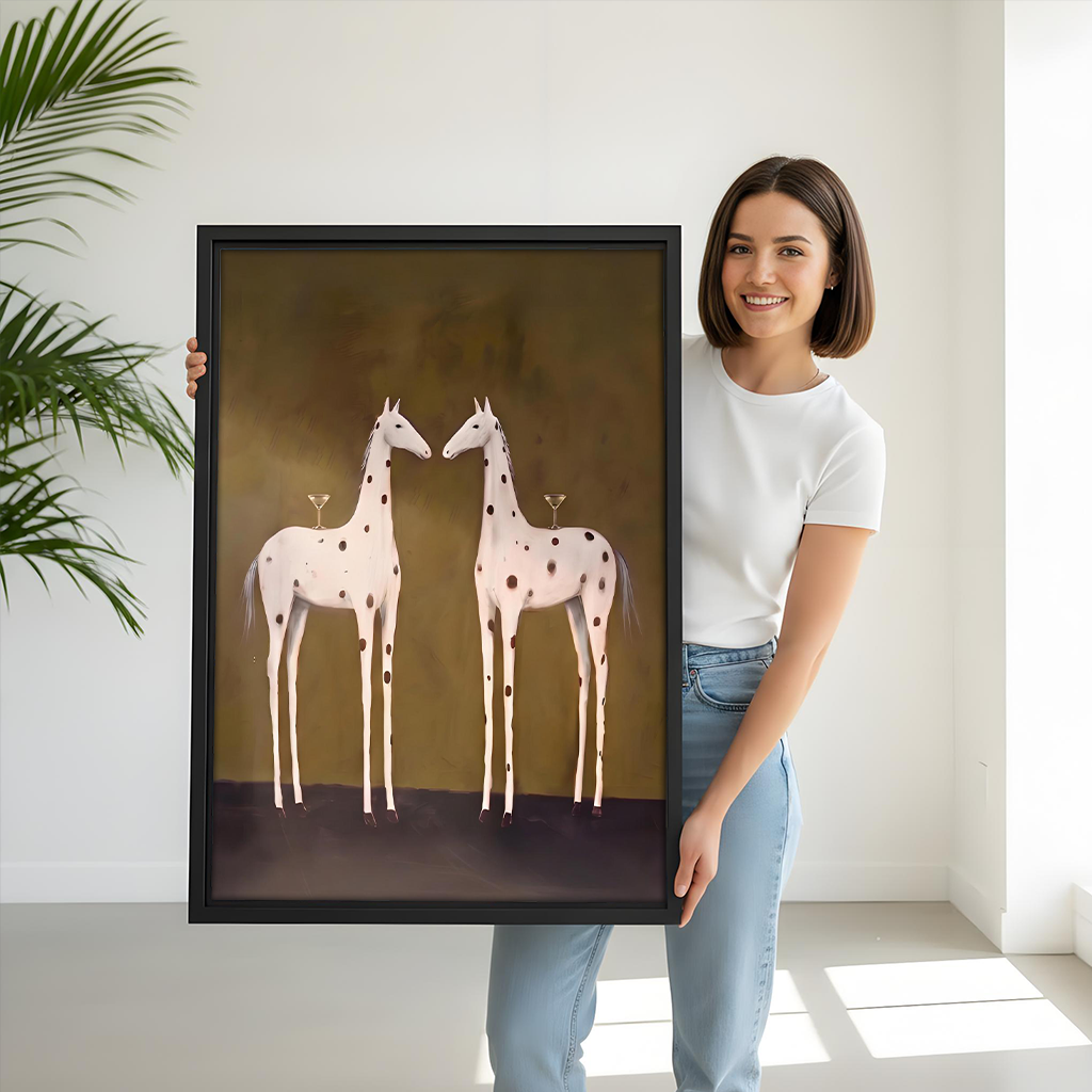 Giraffe pair canvas wall art in a gallery-wrap finish above a modern dining table
