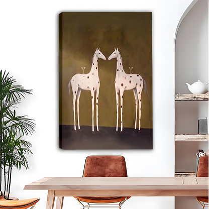 Woman holding framed giraffe pair canvas wall art to show its portrait scale