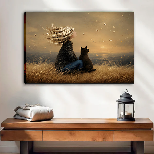 Unframed canvas print of a girl with flowing hair and black cat gazing at the horizon, warm sepia tones, hung on white wall