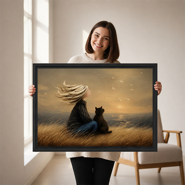 Woman holding a large framed canvas art print featuring a girl and black cat in a windswept golden meadow