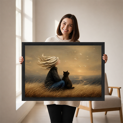Woman holding a large framed canvas art print featuring a girl and black cat in a windswept golden meadow