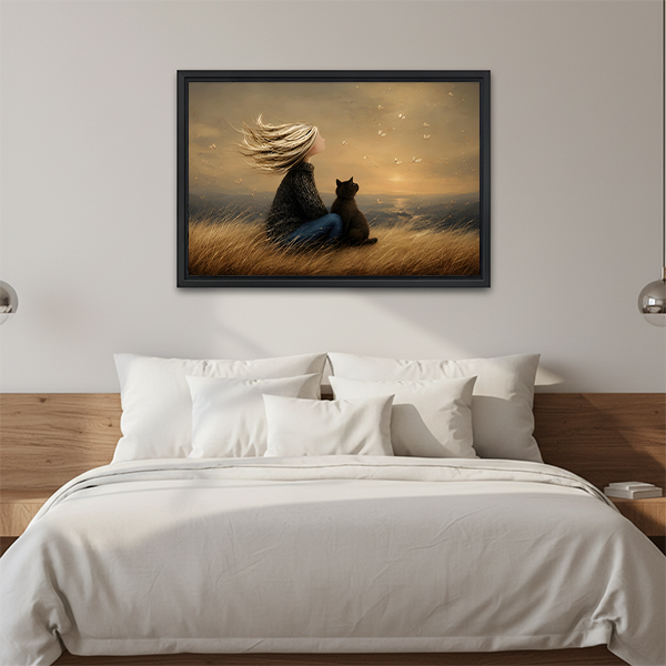 Framed canvas art of a girl and black cat watching butterflies at sunset, styled above a white bed in a modern bedroom