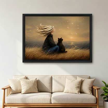 Framed wall art of a girl and black cat in golden grass above a beige sofa, cozy living room decor setting