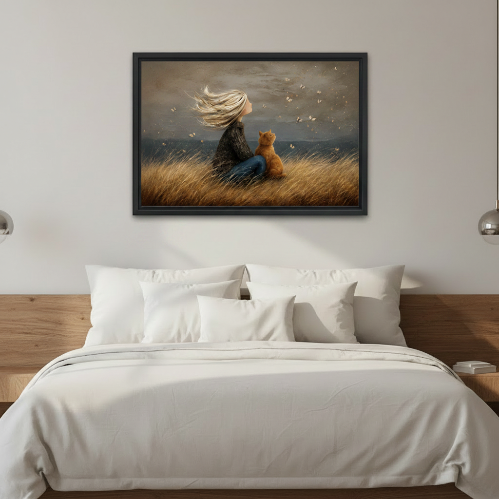 oil painting girl and cat framed canvas wall art hanging above white bedroom bed