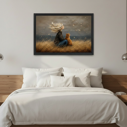 oil painting girl and cat framed canvas wall art hanging above white bedroom bed
