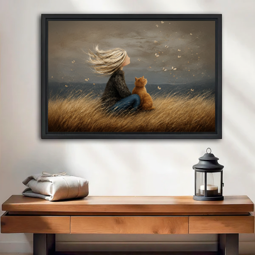 black framed girl and cat canvas wall art displayed above wooden entryway console table
