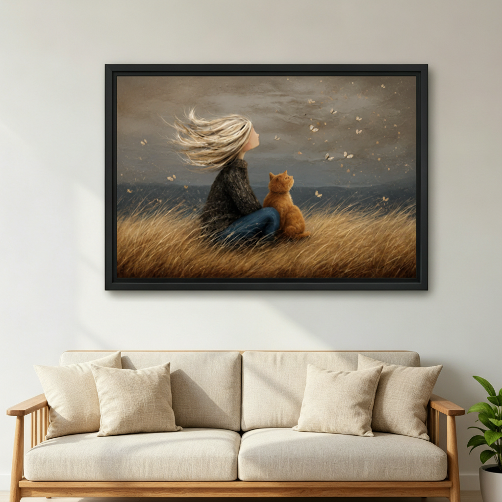 girl and orange cat oil painting canvas wall art with black float frame above living room sofa