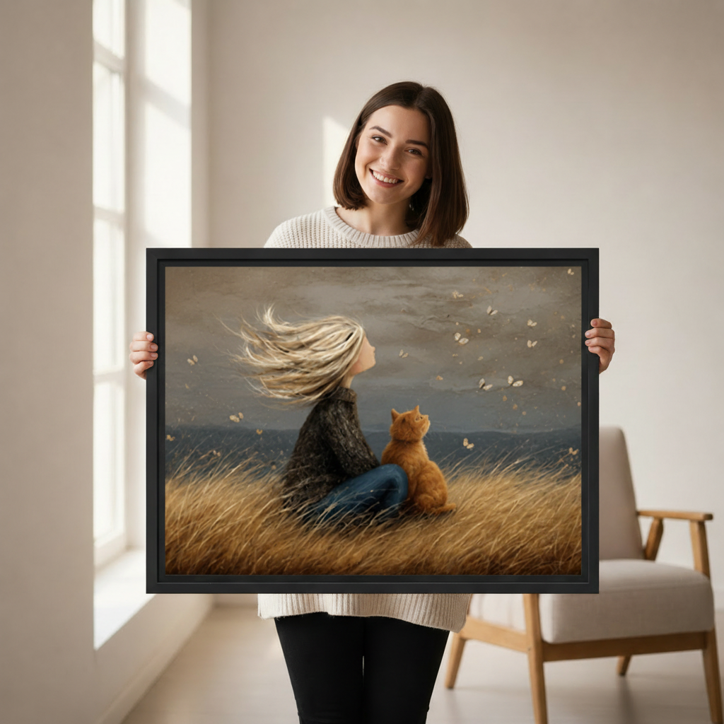 woman holding framed girl and cat canvas wall art print in bright modern living room