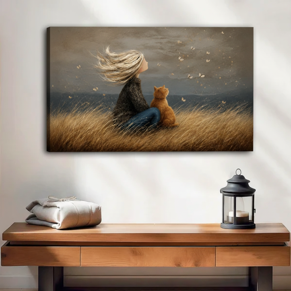 gallery wrap girl and cat canvas wall art without frame above rustic wood console table