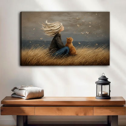 gallery wrap girl and cat canvas wall art without frame above rustic wood console table