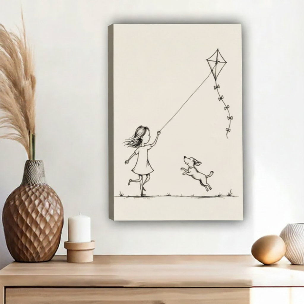 Whimsical girl running kite dog jumping minimalist line art float frame canvas wall art above wooden sideboard with pampas grass and ceramic decor on white wall in contemporary living room
