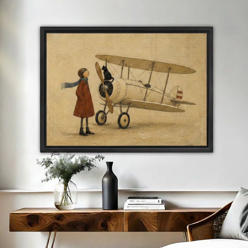 Black framed vintage-style canvas of a whimsical girl in a red coat and aviator goggles standing beside a cream biplane with a black cat perched on the propeller, displayed above a walnut console table with a black vase and white floral arrangement