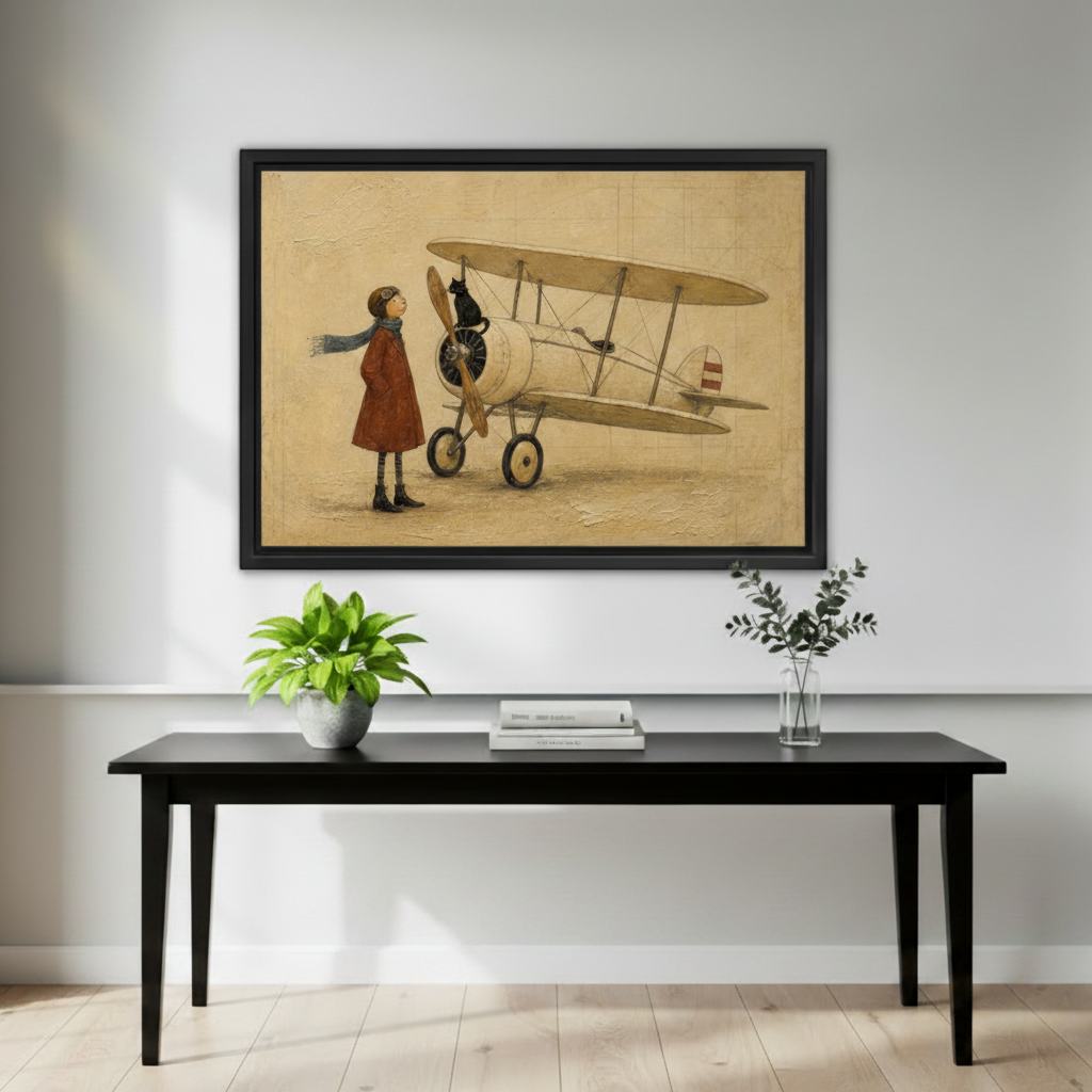 Black framed whimsical girl aviator and black cat biplane canvas hung above a sleek black console table in a minimalist entryway with a potted green plant, stacked books, and a glass vase with eucalyptus branches on a light grey wall