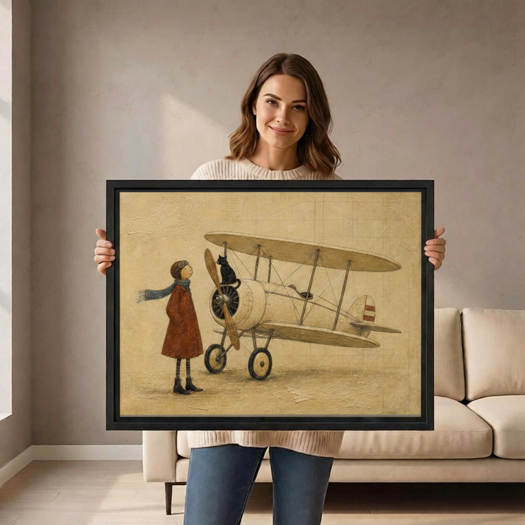 Smiling woman holding a large black-framed canvas art print of a whimsical girl aviator in a rust-red coat and blue scarf standing next to a vintage cream biplane with a black cat sitting on the engine propeller on a warm sepia background