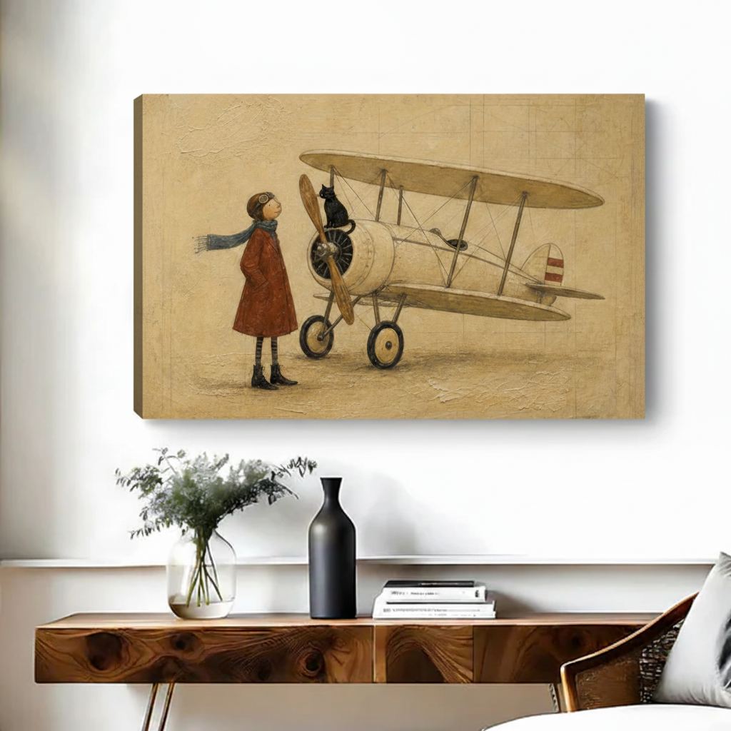Frameless gallery-wrap canvas of a storybook-style girl in a red coat and aviator cap gazing up at a black cat perched on a vintage biplane propeller, painted in warm sepia and amber tones on a textured cream background, hung above a walnut console table