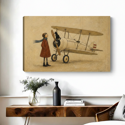Frameless gallery-wrap canvas of a storybook-style girl in a red coat and aviator cap gazing up at a black cat perched on a vintage biplane propeller, painted in warm sepia and amber tones on a textured cream background, hung above a walnut console table