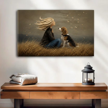 Frameless gallery wrap canvas of girl and beagle in windswept golden meadow with butterflies, romantic vintage dog wall art for modern entryway