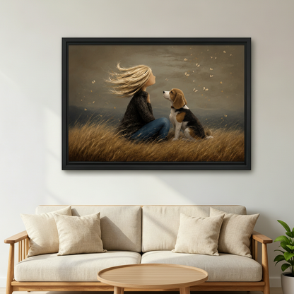 Girl and beagle dog in golden autumn grass with butterflies framed wall art above linen sofa, moody vintage canvas for Scandinavian living room