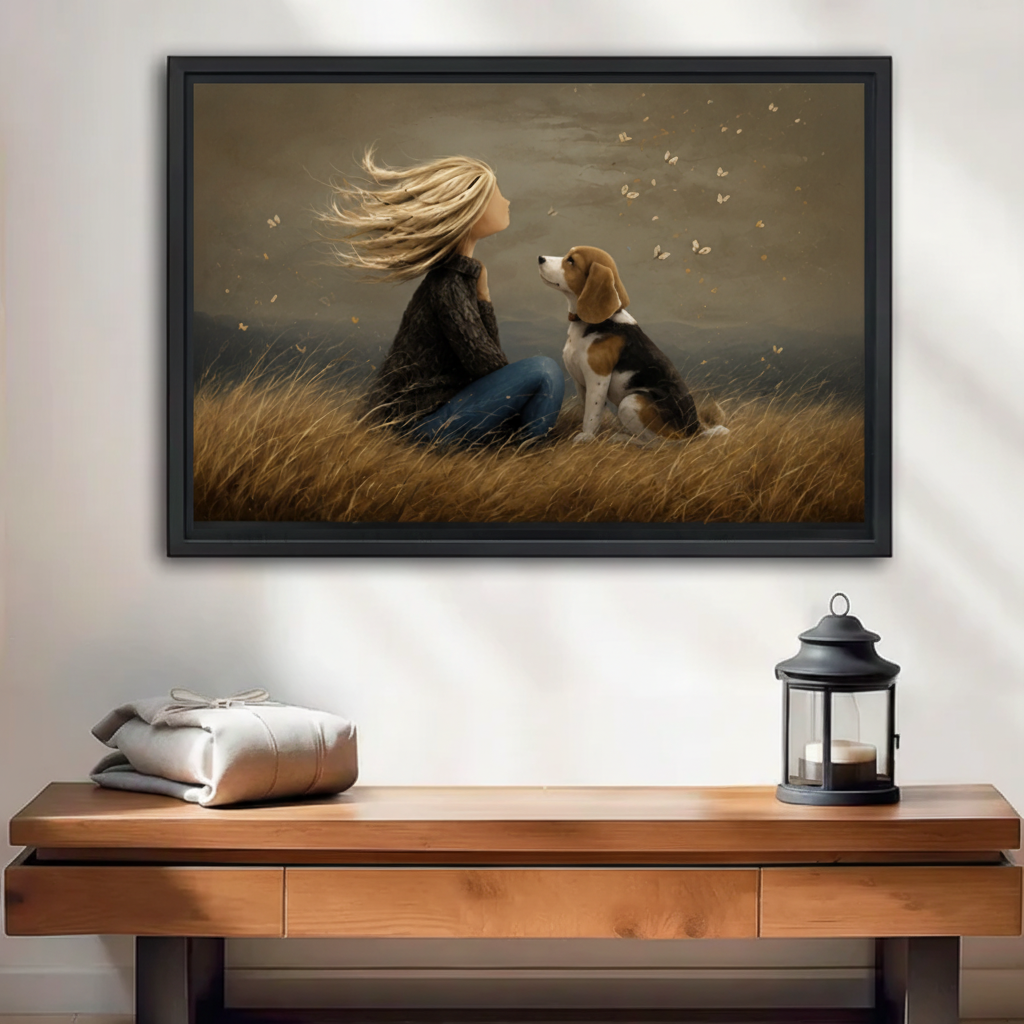  Vintage oil painting girl and beagle dog sitting in autumn golden grass with butterflies framed wall art above wooden console, moody warm canvas for entryway