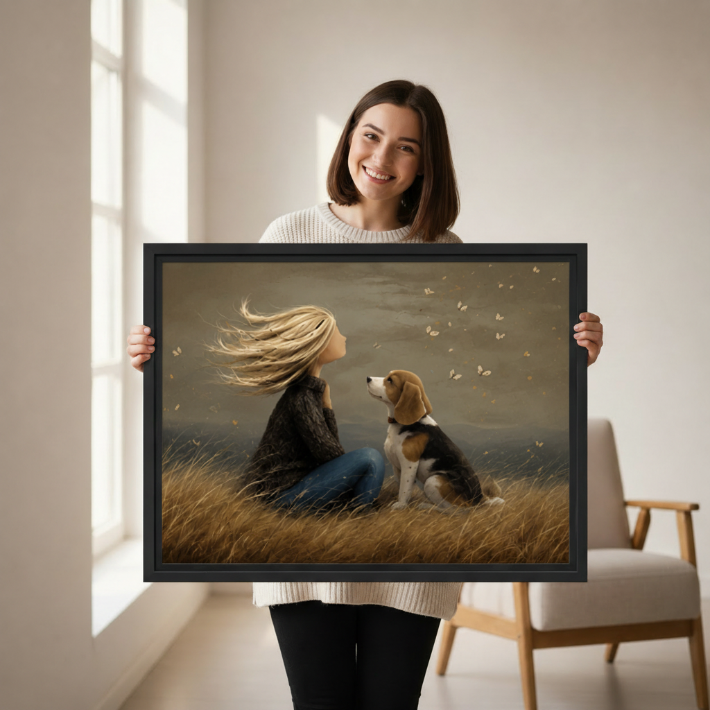 Woman holding large girl and beagle dog autumn meadow butterflies framed canvas print, emotional vintage wall art size reference lifestyle photo