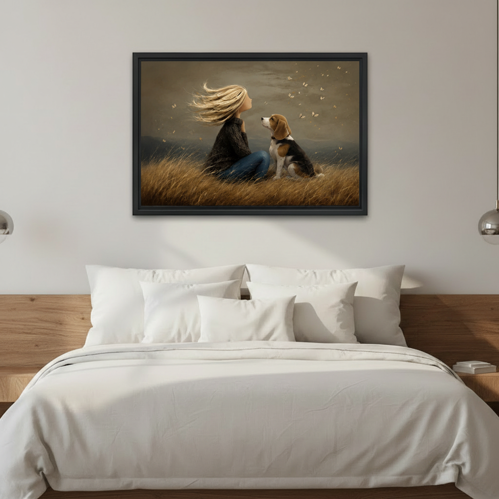 Vintage oil painting girl and beagle dog in windswept autumn meadow framed wall art above white bed, warm moody bedroom wall decor