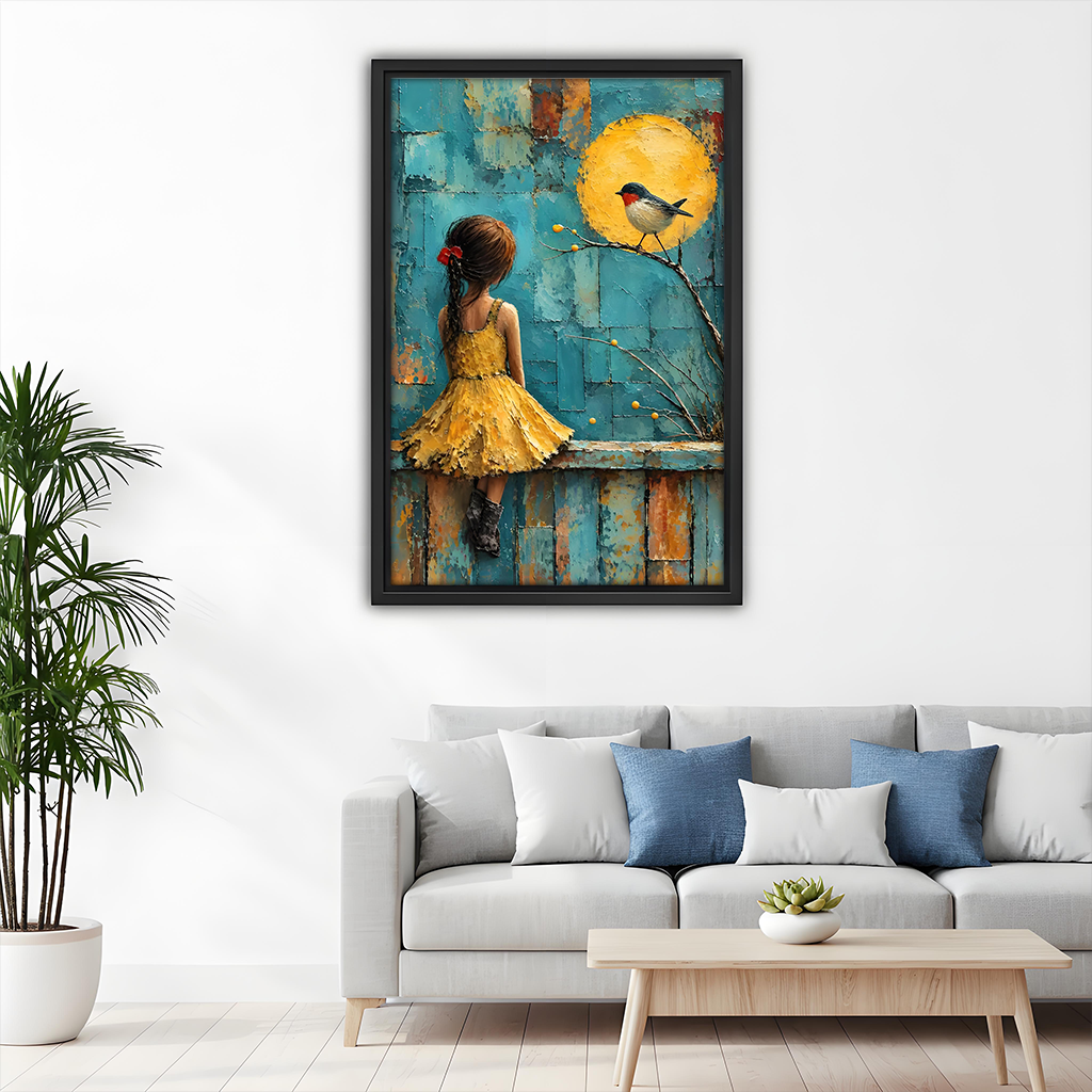 Framed girl and bird canvas wall art with golden sun and teal background displayed above dining chairs.