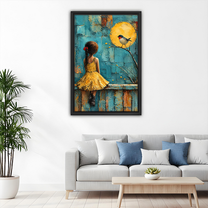 Framed girl and bird canvas wall art with golden sun and teal background displayed above dining chairs.