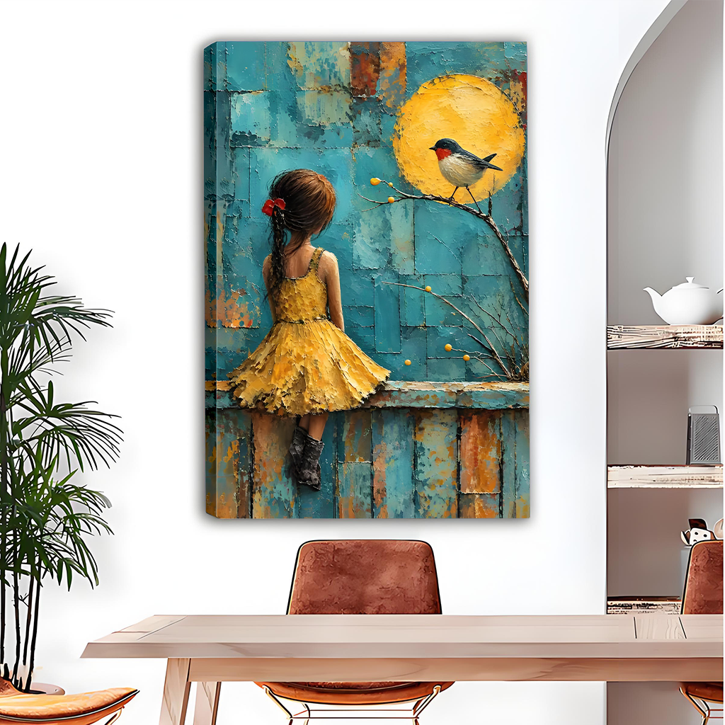 Woman holds framed girl and bird canvas wall art showing a golden dress, perched bird, and bright sun.