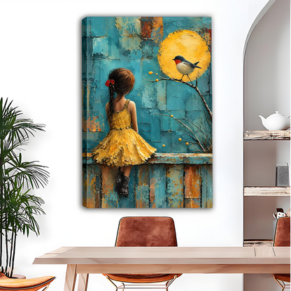 Woman holds framed girl and bird canvas wall art showing a golden dress, perched bird, and bright sun.