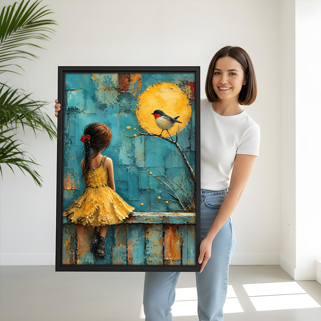 Framed girl and bird canvas wall art hangs beside bunk beds in a bright children's bedroom.