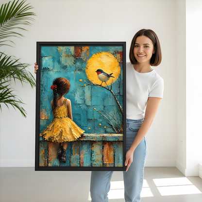 Framed girl and bird canvas wall art hangs beside bunk beds in a bright children's bedroom.