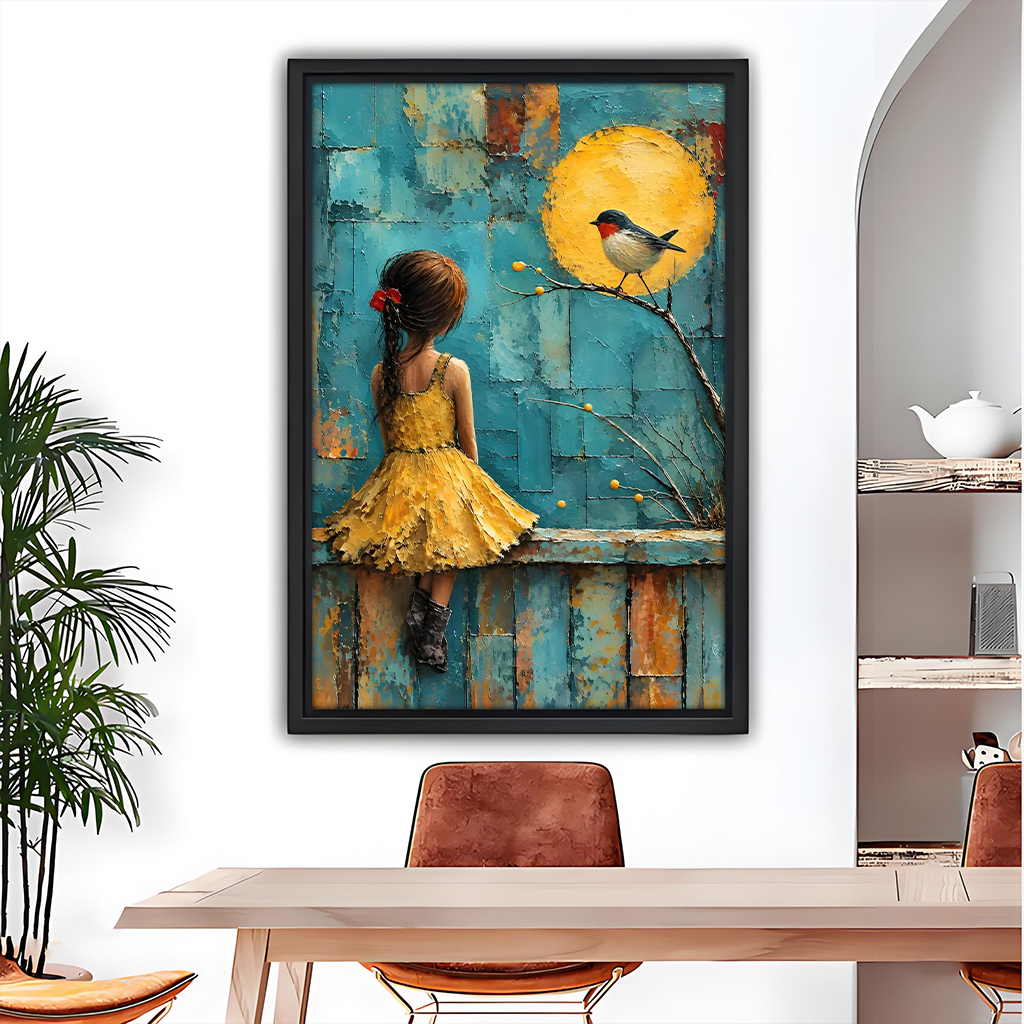 Framed girl and bird canvas wall art above a sofa, featuring a yellow dress and textured teal backdrop.