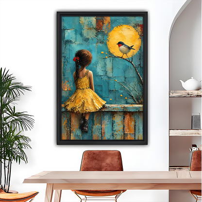 Framed girl and bird canvas wall art above a sofa, featuring a yellow dress and textured teal backdrop.