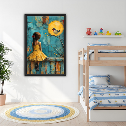 Gallery-wrap girl and bird canvas wall art with teal textured background displayed above a dining table.