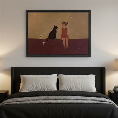 Framed minimalist girl and black cat canvas wall art above a dark bed with white pillows at night