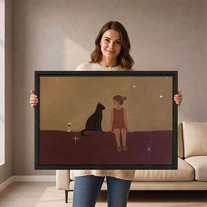 Woman holding a large framed girl and black cat canvas wall art to show its horizontal size
