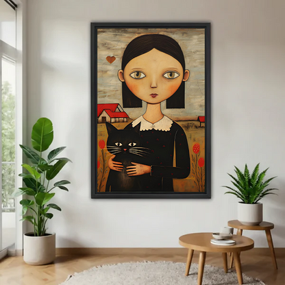 Folk art girl and black cat canvas wall art displayed without an outer frame between leafy houseplants.