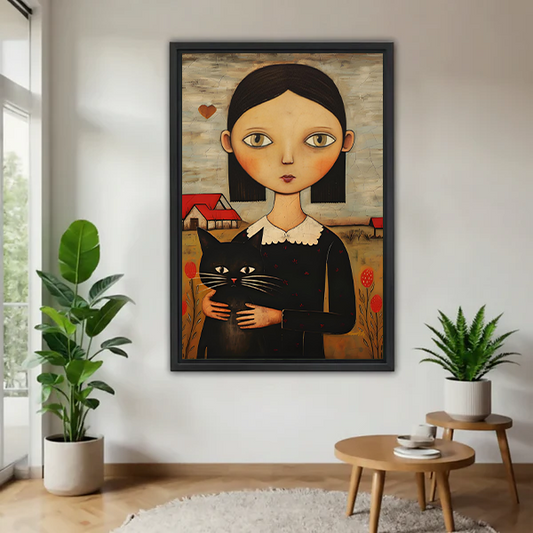 Folk art girl and black cat canvas wall art displayed without an outer frame between leafy houseplants.
