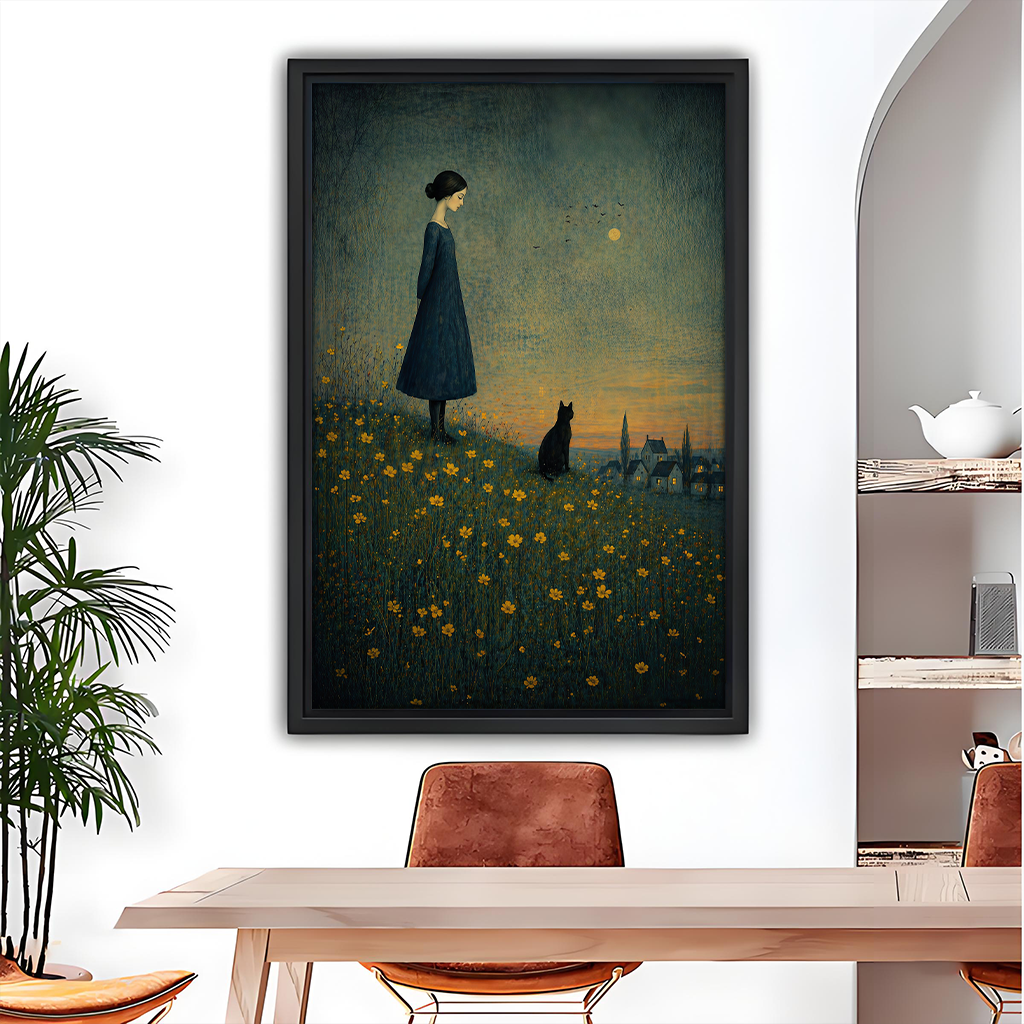 Whimsical girl and black cat canvas wall art in a black frame above a dining table.