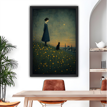 Whimsical girl and black cat canvas wall art in a black frame above a dining table.