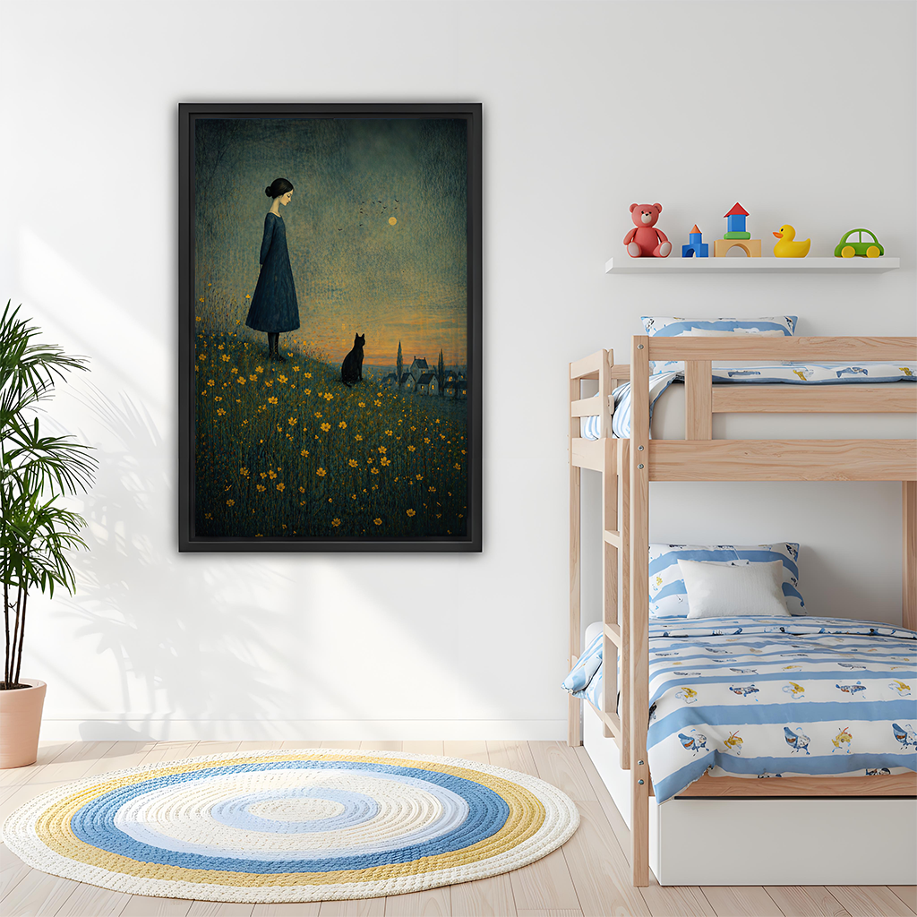 Woman holding framed girl and black cat canvas wall art featuring a flower-covered hillside at dusk.