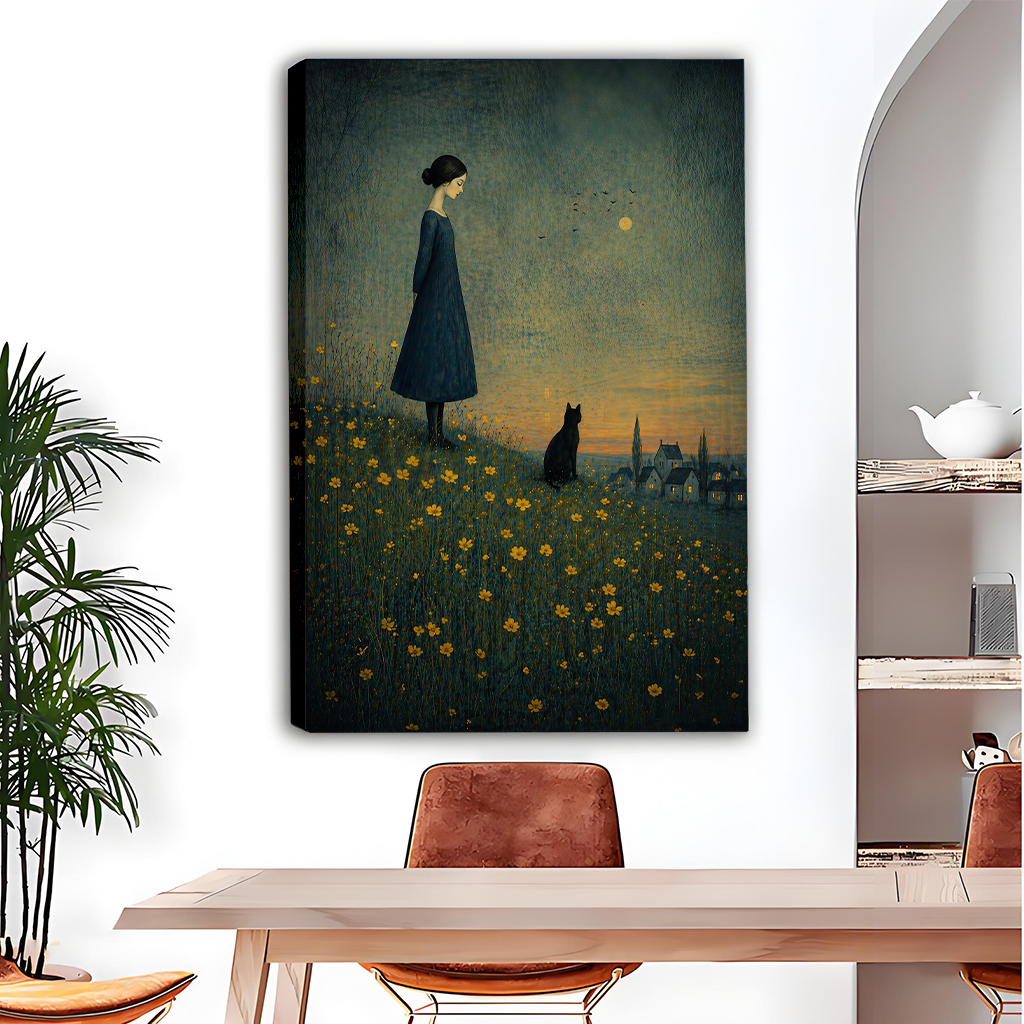 Girl and black cat canvas wall art with golden flowers, displayed as gallery-wrap above a dining table.