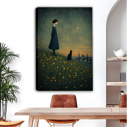 Girl and black cat canvas wall art with golden flowers, displayed as gallery-wrap above a dining table.