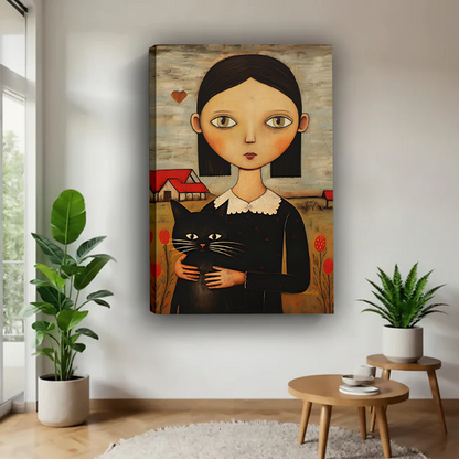 Framed folk art girl and black cat canvas wall art on a sage bedroom wall beside terracotta bedding.