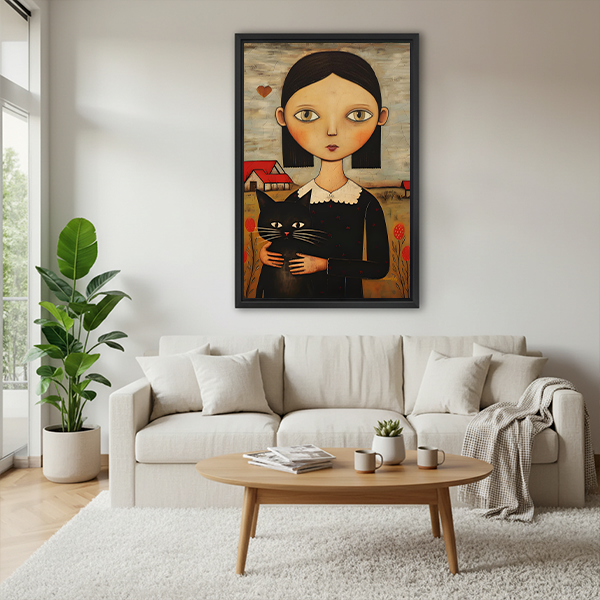 Woman holding black framed folk art canvas wall art depicting a wide-eyed girl cradling a black cat.