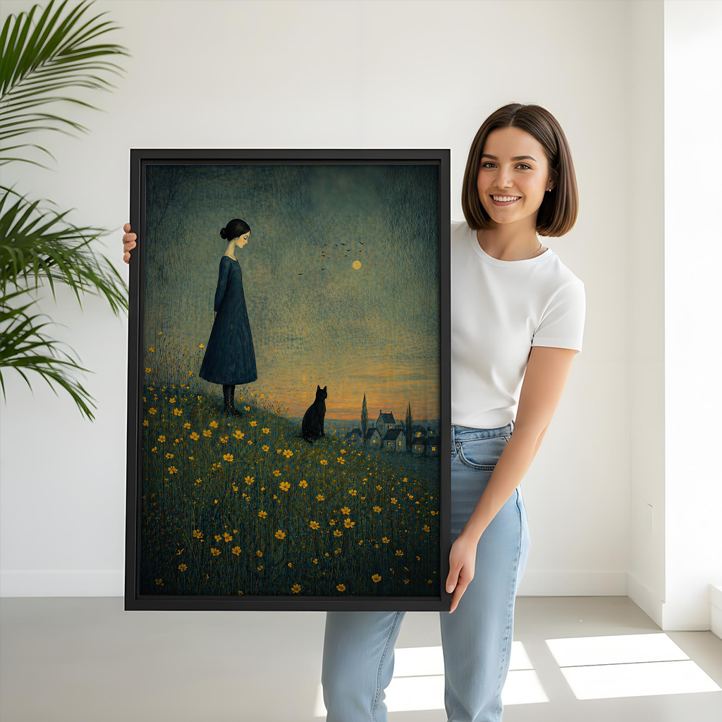 Framed whimsical girl and black cat canvas wall art beside wooden bunk beds in a bright bedroom.
