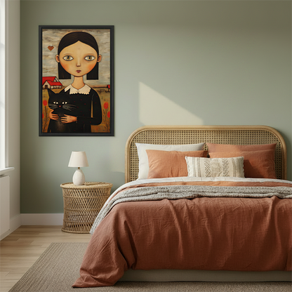 Girl and black cat folk art canvas wall art in a black frame beside plants and wooden tables.