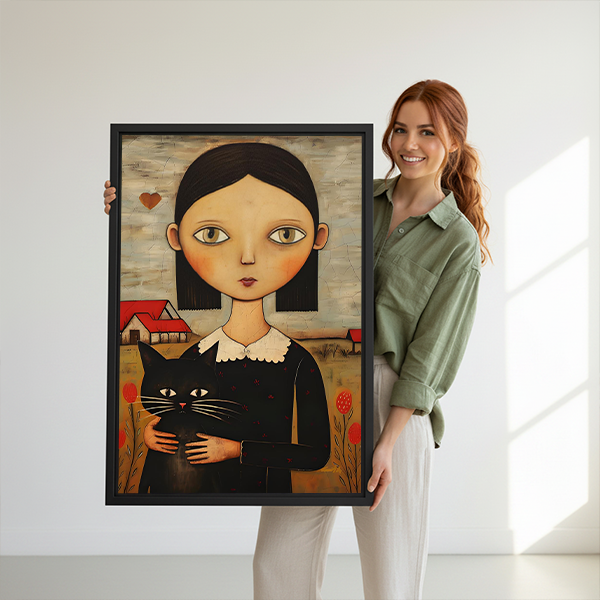 Framed girl and black cat canvas wall art in a folk art style above a cream living room sofa.